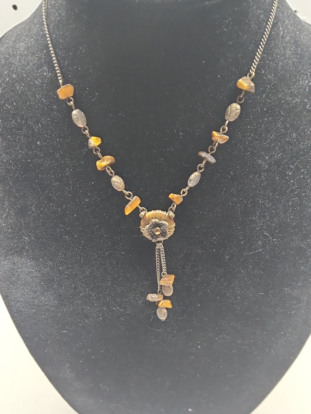 Vintage Signed NA Tiger Eye Pendant Necklace With One Amber Color Rhinestone